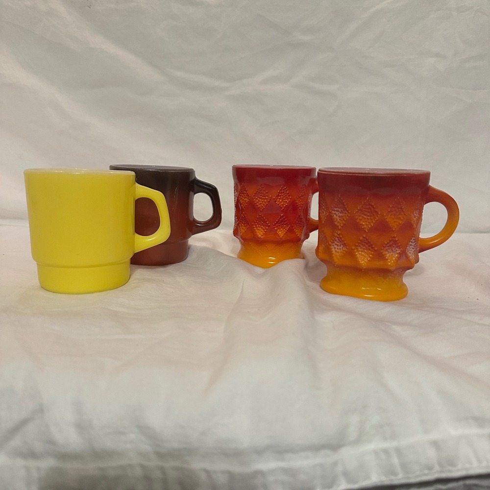 Fire-King Coffee Mugs Multi Color Good Kimberly Diamond Stacking Set of 4